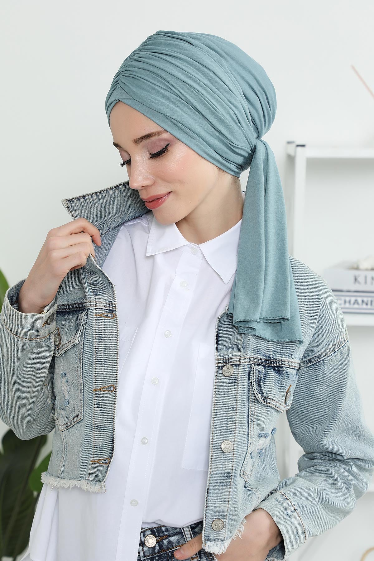 Smocked Shirred Instant Turban for Women, Cotton Lightweight Head Wrap with a Beautiful Design, Stylish Chemo Headwear Turban for Women,B-1 Dark Mint