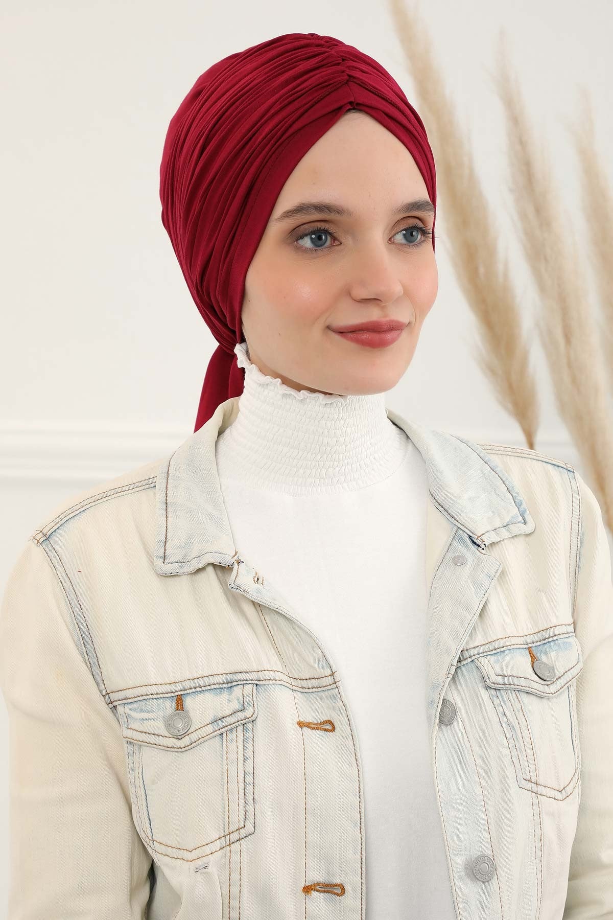 Smocked Shirred Instant Turban for Women, Cotton Lightweight Head Wrap with a Beautiful Design, Stylish Chemo Headwear Turban for Women,B-1 Maroon