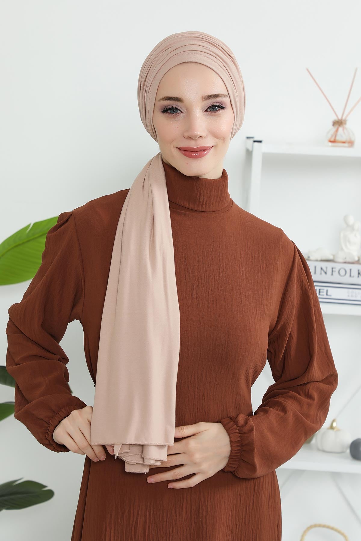 Smocked Shirred Instant Turban for Women, Cotton Lightweight Head Wrap with a Beautiful Design, Stylish Chemo Headwear Turban for Women,B-1 Light Mink