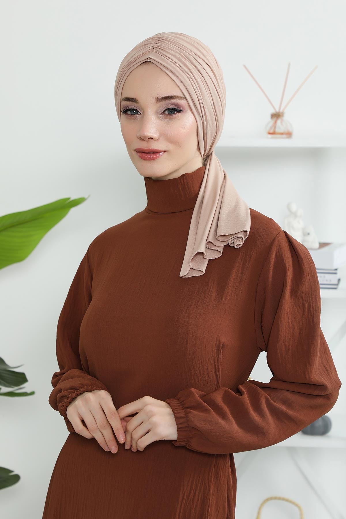 Smocked Shirred Instant Turban for Women, Cotton Lightweight Head Wrap with a Beautiful Design, Stylish Chemo Headwear Turban for Women,B-1 Light Mink