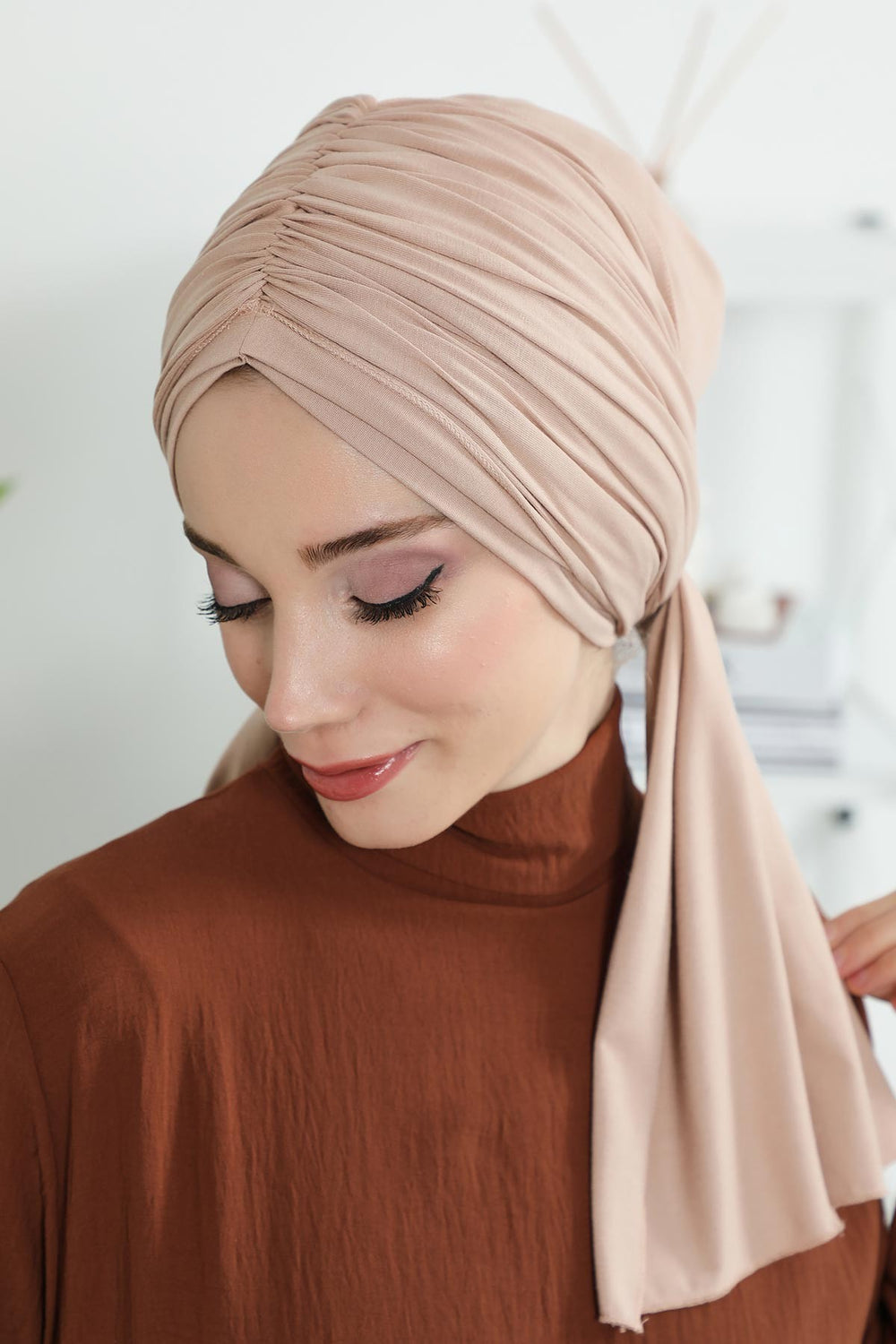 Smocked Shirred Instant Turban for Women, Cotton Lightweight Head Wrap with a Beautiful Design, Stylish Chemo Headwear Turban for Women,B-1 Light Mink