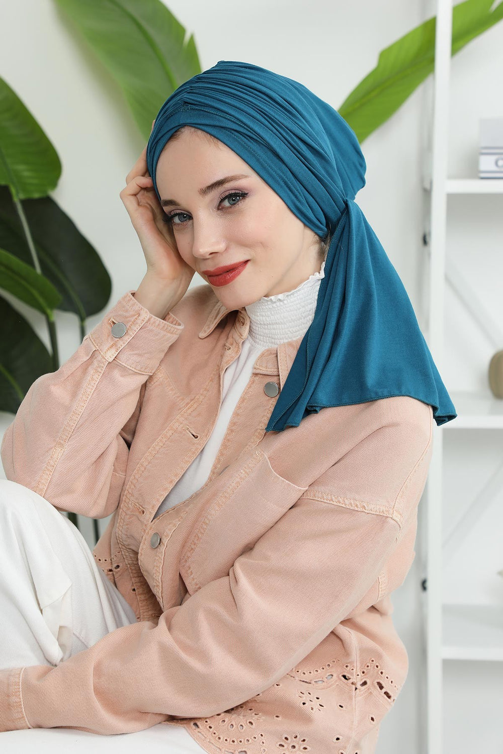 Smocked Shirred Instant Turban for Women, Cotton Lightweight Head Wrap with a Beautiful Design, Stylish Chemo Headwear Turban for Women,B-1 Petrol Blue