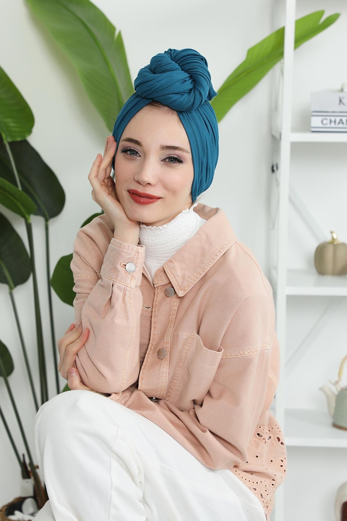 Smocked Shirred Instant Turban for Women, Cotton Lightweight Head Wrap with a Beautiful Design, Stylish Chemo Headwear Turban for Women,B-1 Petrol Blue