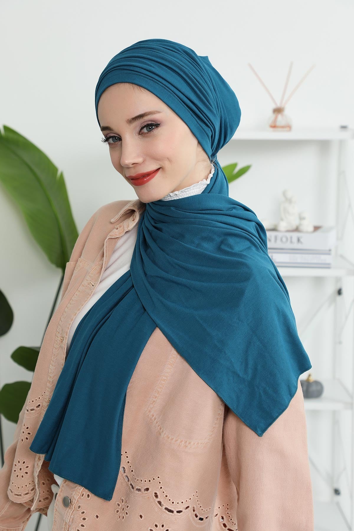 Smocked Shirred Instant Turban for Women, Cotton Lightweight Head Wrap with a Beautiful Design, Stylish Chemo Headwear Turban for Women,B-1 Petrol Blue