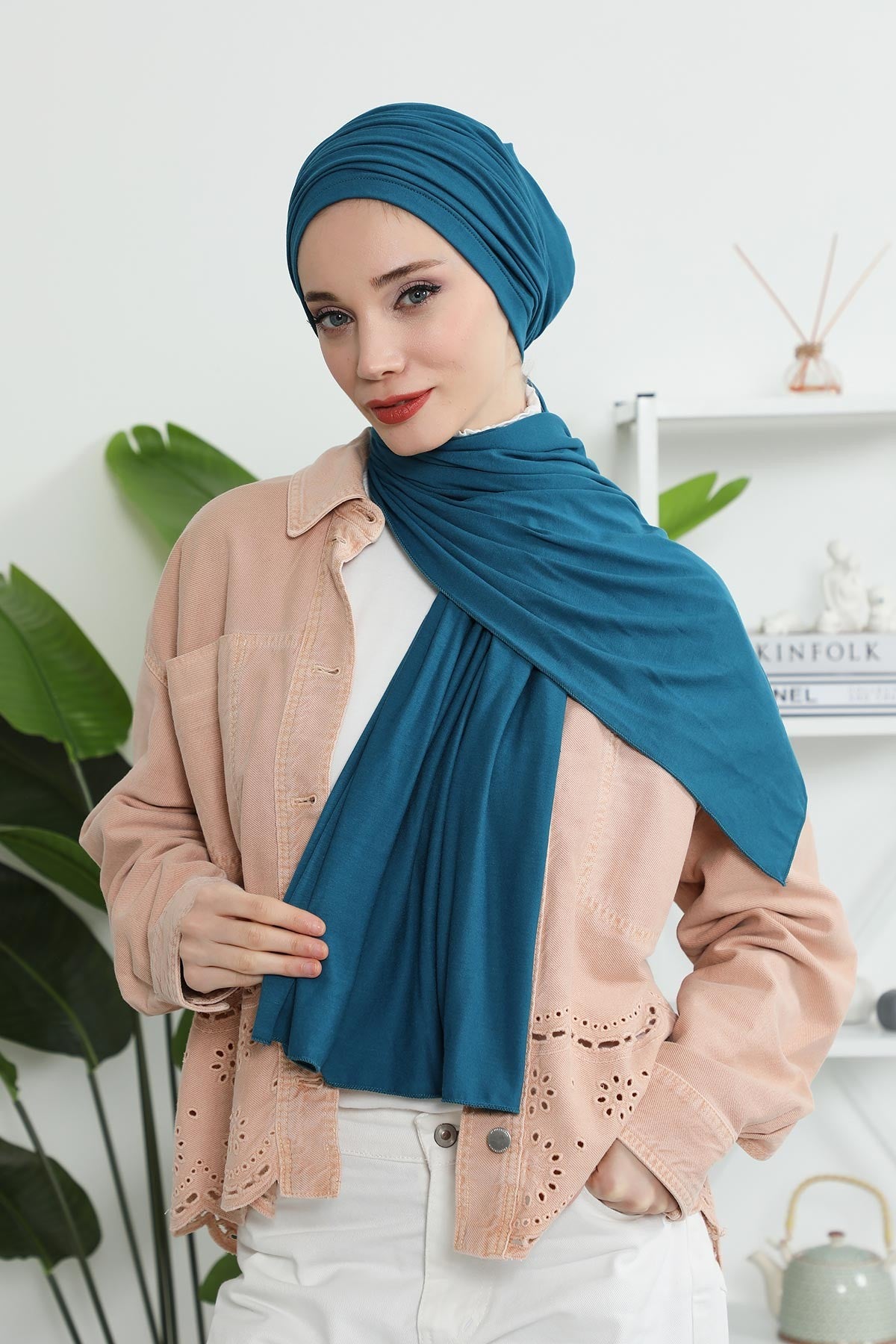 Smocked Shirred Instant Turban for Women, Cotton Lightweight Head Wrap with a Beautiful Design, Stylish Chemo Headwear Turban for Women,B-1 Petrol Blue