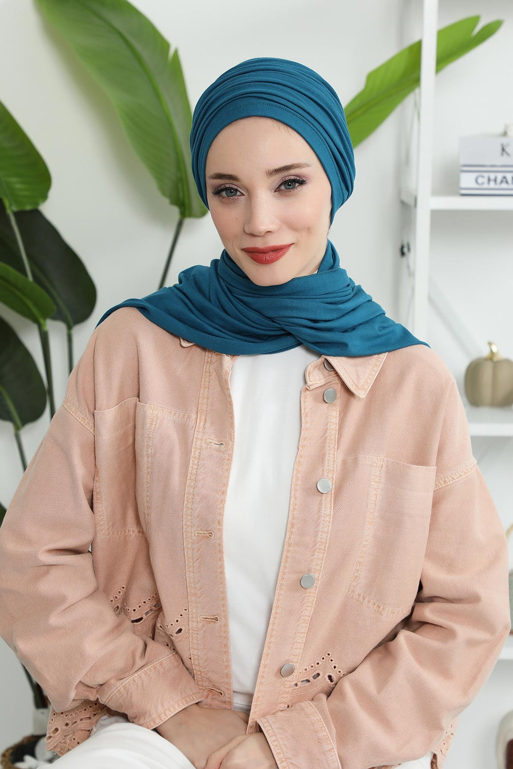 Smocked Shirred Instant Turban for Women, Cotton Lightweight Head Wrap with a Beautiful Design, Stylish Chemo Headwear Turban for Women,B-1 Petrol Blue