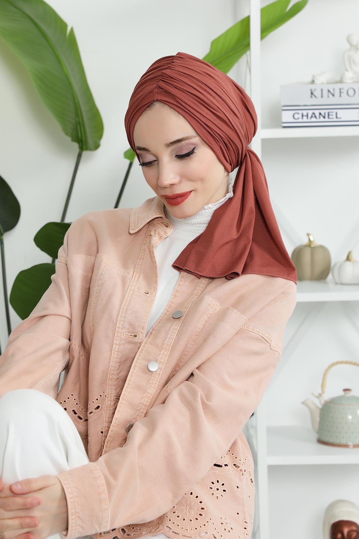 Smocked Shirred Instant Turban for Women, Cotton Lightweight Head Wrap with a Beautiful Design, Stylish Chemo Headwear Turban for Women,B-1 Cinnamon