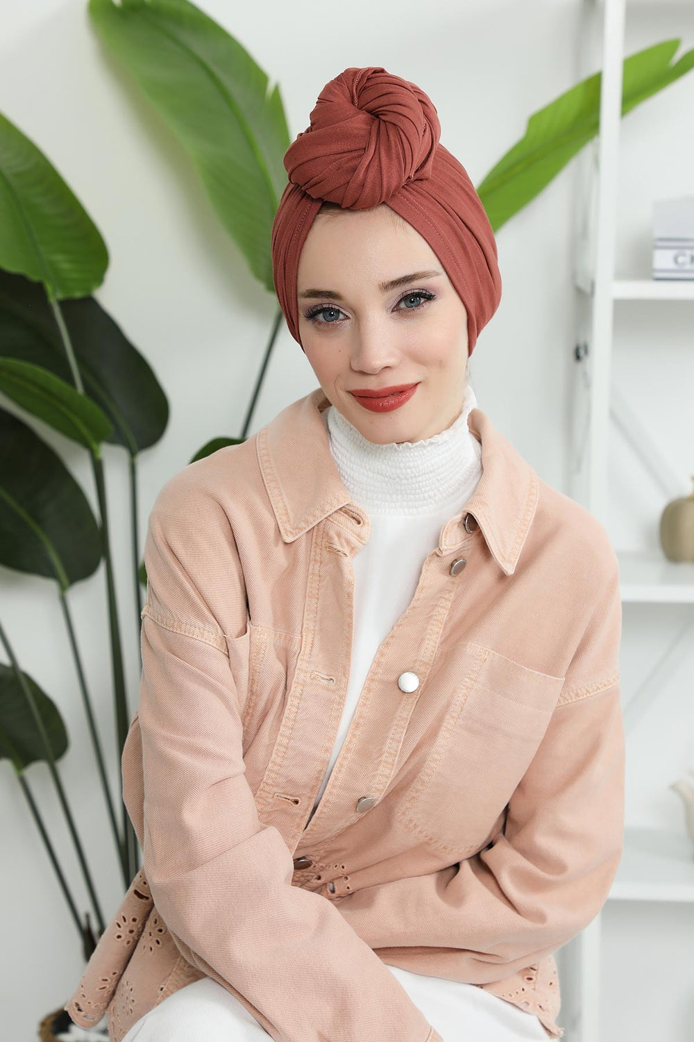 Smocked Shirred Instant Turban for Women, Cotton Lightweight Head Wrap with a Beautiful Design, Stylish Chemo Headwear Turban for Women,B-1 Cinnamon