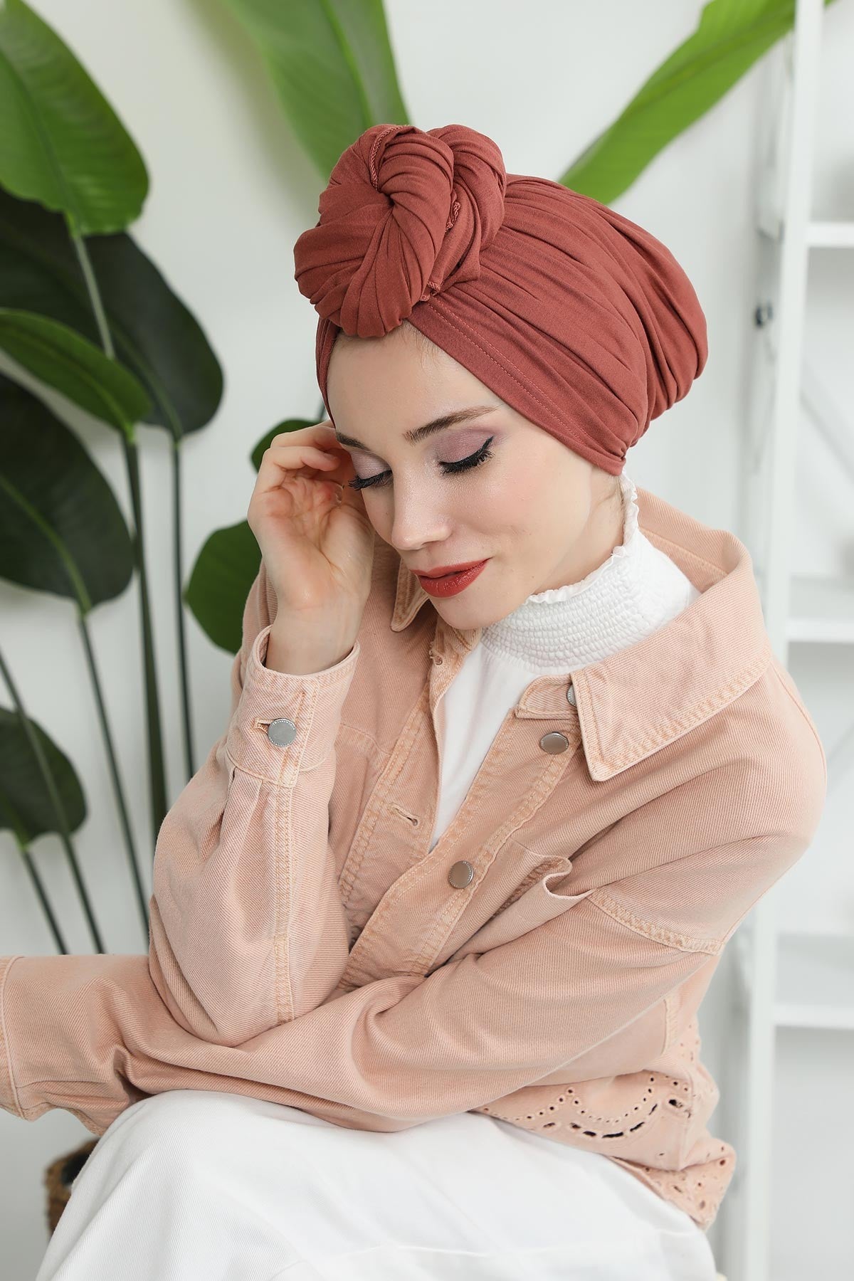 Smocked Shirred Instant Turban for Women, Cotton Lightweight Head Wrap with a Beautiful Design, Stylish Chemo Headwear Turban for Women,B-1 Cinnamon