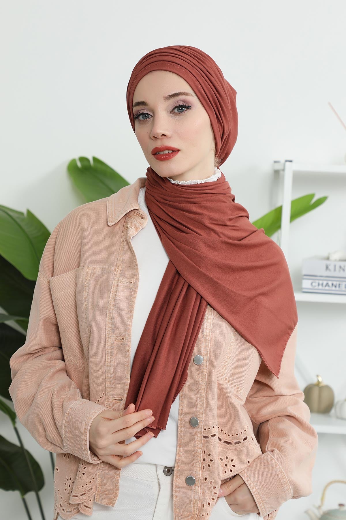 Smocked Shirred Instant Turban for Women, Cotton Lightweight Head Wrap with a Beautiful Design, Stylish Chemo Headwear Turban for Women,B-1 Cinnamon