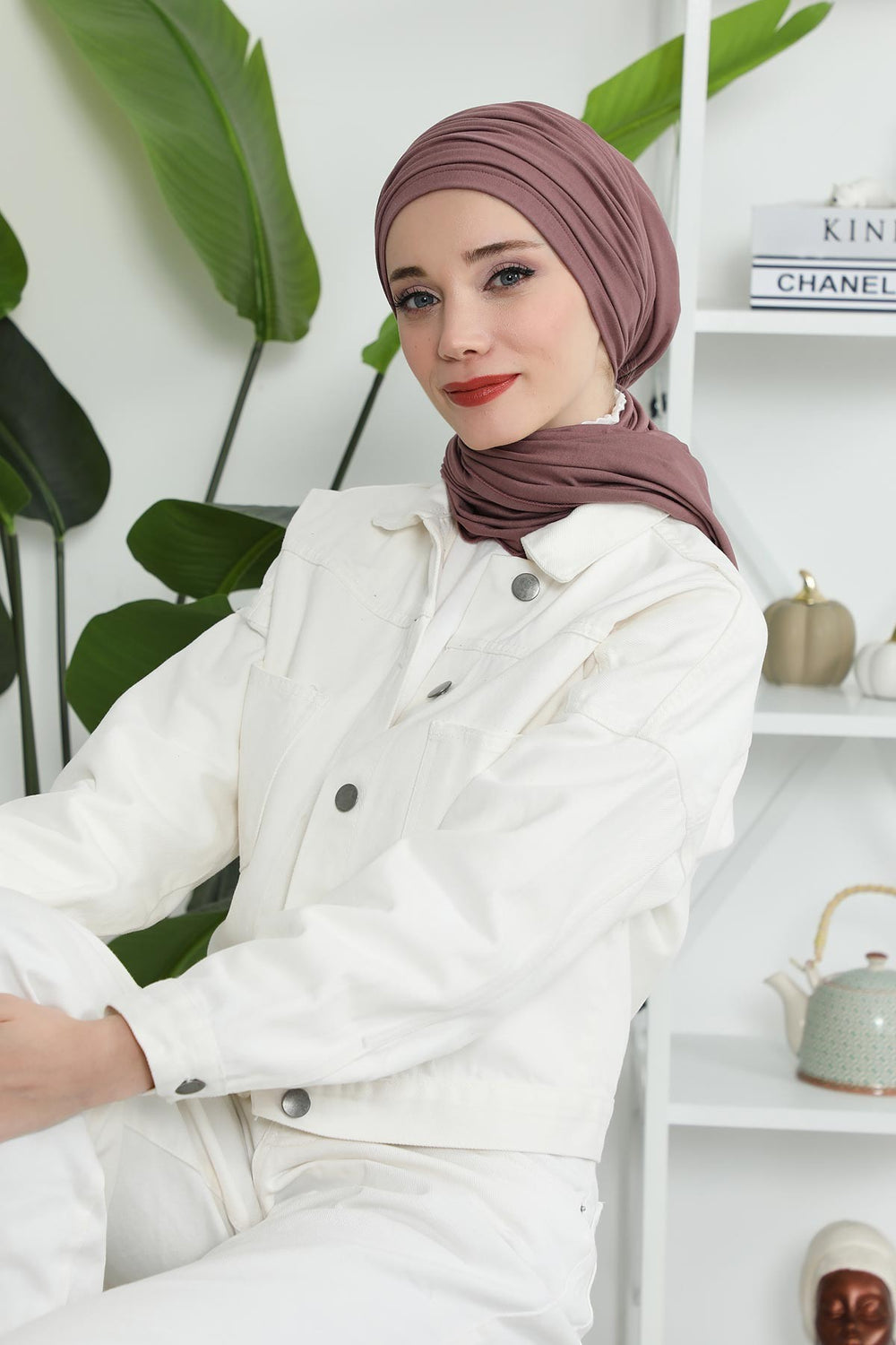 Smocked Shirred Instant Turban for Women, Cotton Lightweight Head Wrap with a Beautiful Design, Stylish Chemo Headwear Turban for Women,B-1 Dusty Rose