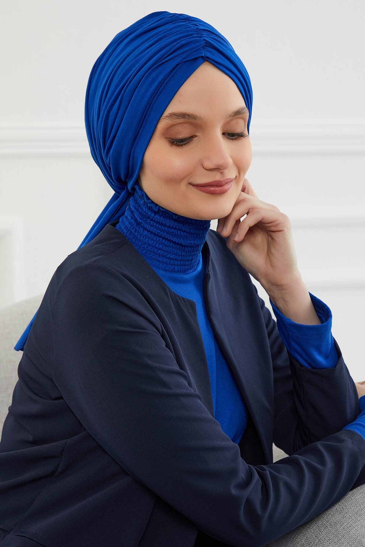 Smocked Shirred Instant Turban for Women, Cotton Lightweight Head Wrap with a Beautiful Design, Stylish Chemo Headwear Turban for Women,B-1 Sax Blue