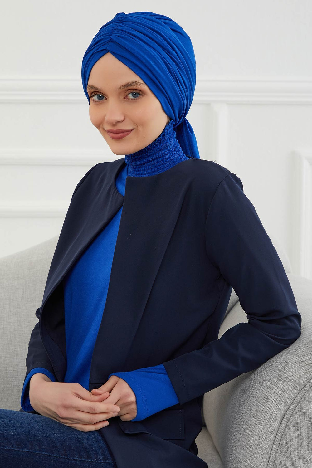 Smocked Shirred Instant Turban for Women, Cotton Lightweight Head Wrap with a Beautiful Design, Stylish Chemo Headwear Turban for Women,B-1 Sax Blue