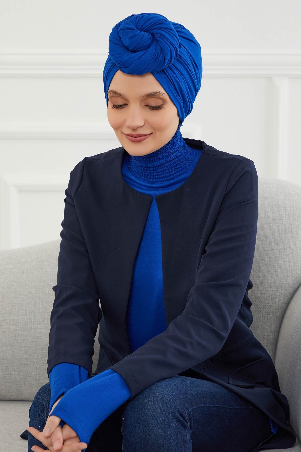 Smocked Shirred Instant Turban for Women, Cotton Lightweight Head Wrap with a Beautiful Design, Stylish Chemo Headwear Turban for Women,B-1 Sax Blue
