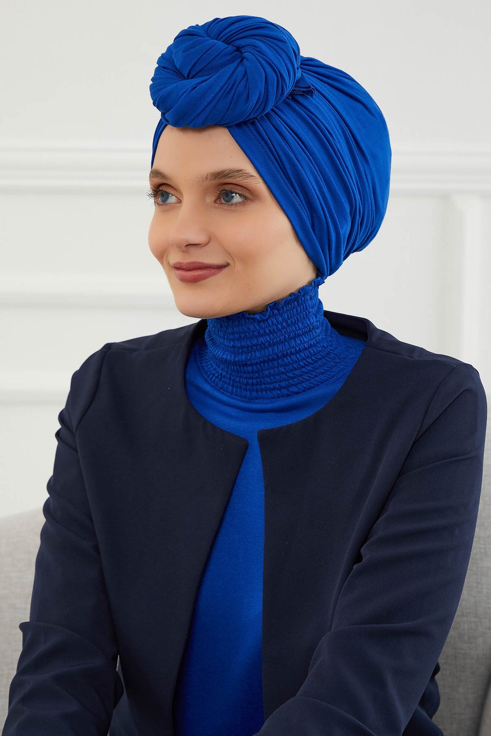 Smocked Shirred Instant Turban for Women, Cotton Lightweight Head Wrap with a Beautiful Design, Stylish Chemo Headwear Turban for Women,B-1 Sax Blue