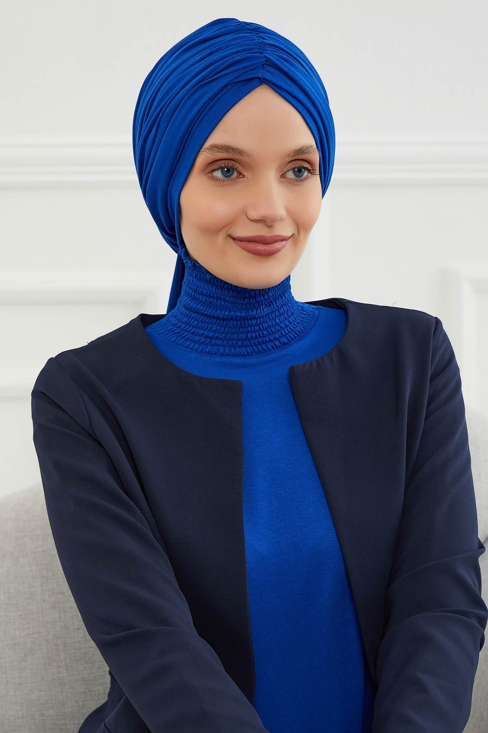 Smocked Shirred Instant Turban for Women, Cotton Lightweight Head Wrap with a Beautiful Design, Stylish Chemo Headwear Turban for Women,B-1 Sax Blue