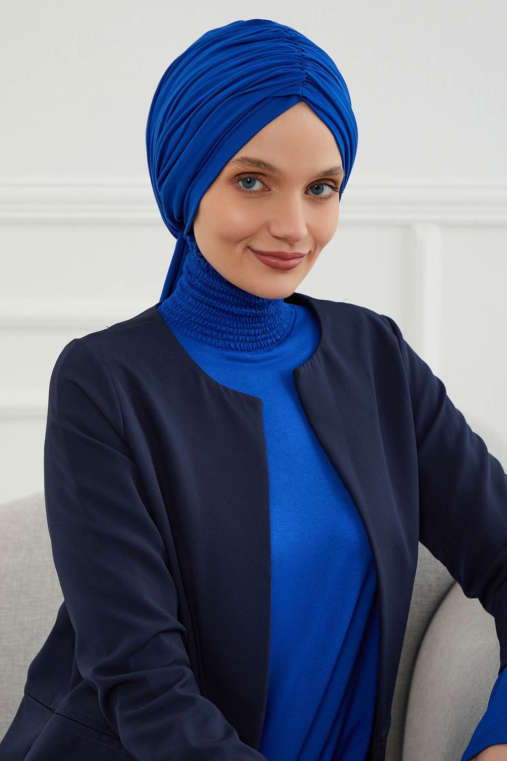 Smocked Shirred Instant Turban for Women, Cotton Lightweight Head Wrap with a Beautiful Design, Stylish Chemo Headwear Turban for Women,B-1 Sax Blue