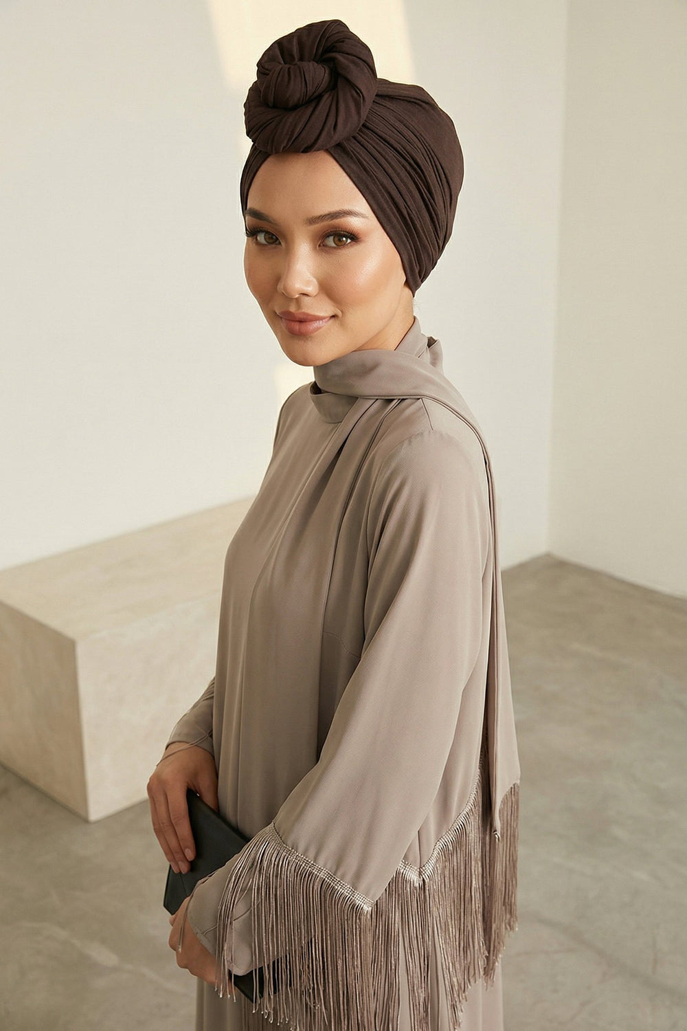 Smocked Shirred Instant Turban for Women, Cotton Lightweight Head Wrap with a Beautiful Design, Stylish Chemo Headwear Turban for Women,B-1 Brown