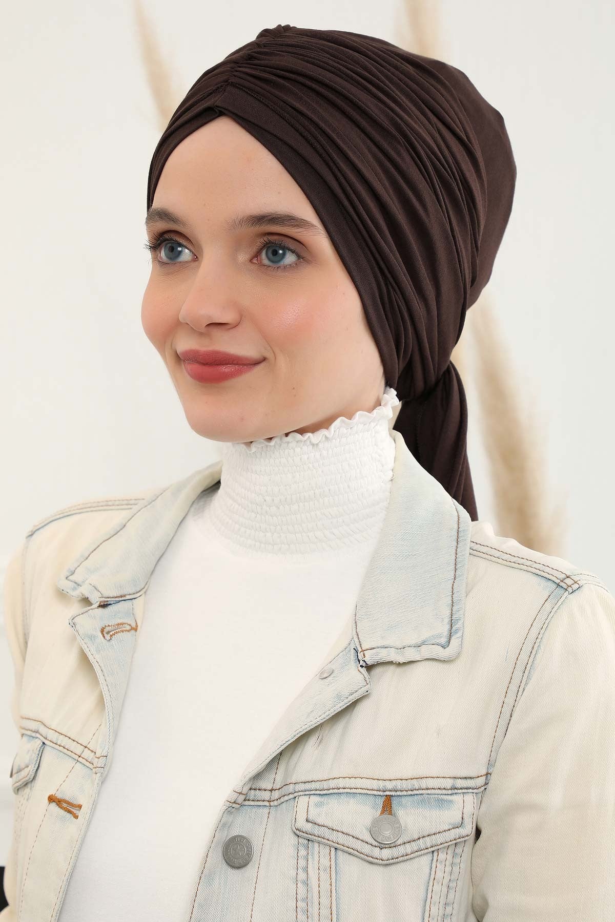 Smocked Shirred Instant Turban for Women, Cotton Lightweight Head Wrap with a Beautiful Design, Stylish Chemo Headwear Turban for Women,B-1 Brown