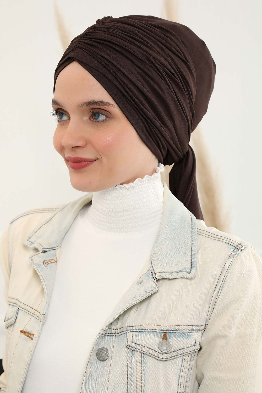Smocked Shirred Instant Turban for Women, Cotton Lightweight Head Wrap with a Beautiful Design, Stylish Chemo Headwear Turban for Women,B-1 Brown