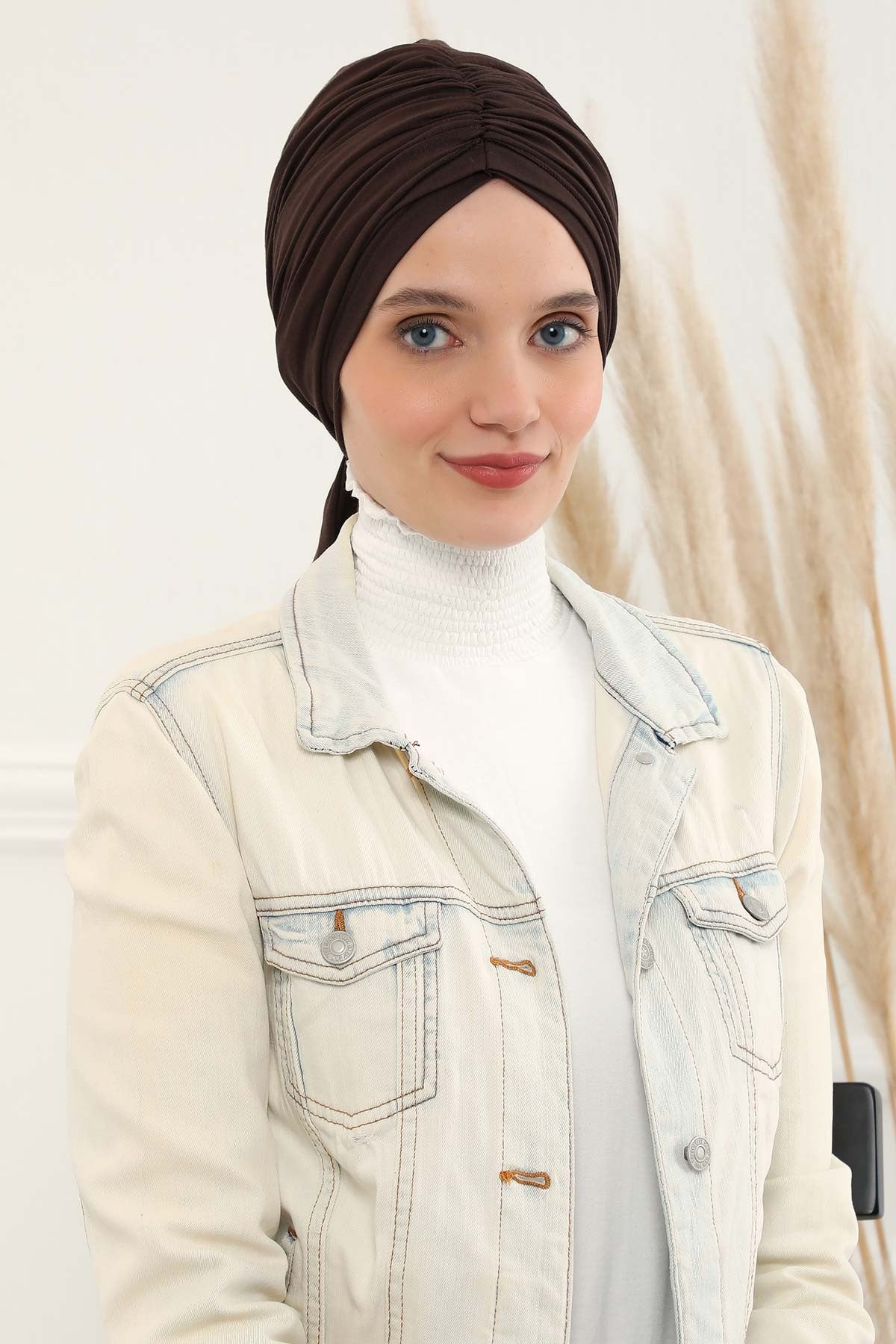 Smocked Shirred Instant Turban for Women, Cotton Lightweight Head Wrap with a Beautiful Design, Stylish Chemo Headwear Turban for Women,B-1 Brown