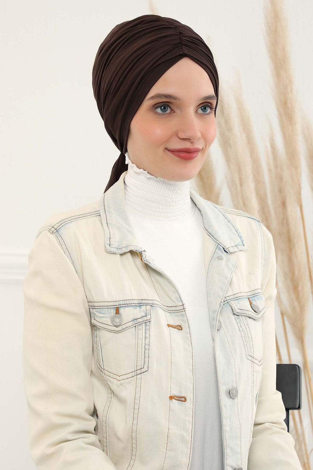 Smocked Shirred Instant Turban for Women, Cotton Lightweight Head Wrap with a Beautiful Design, Stylish Chemo Headwear Turban for Women,B-1 Brown