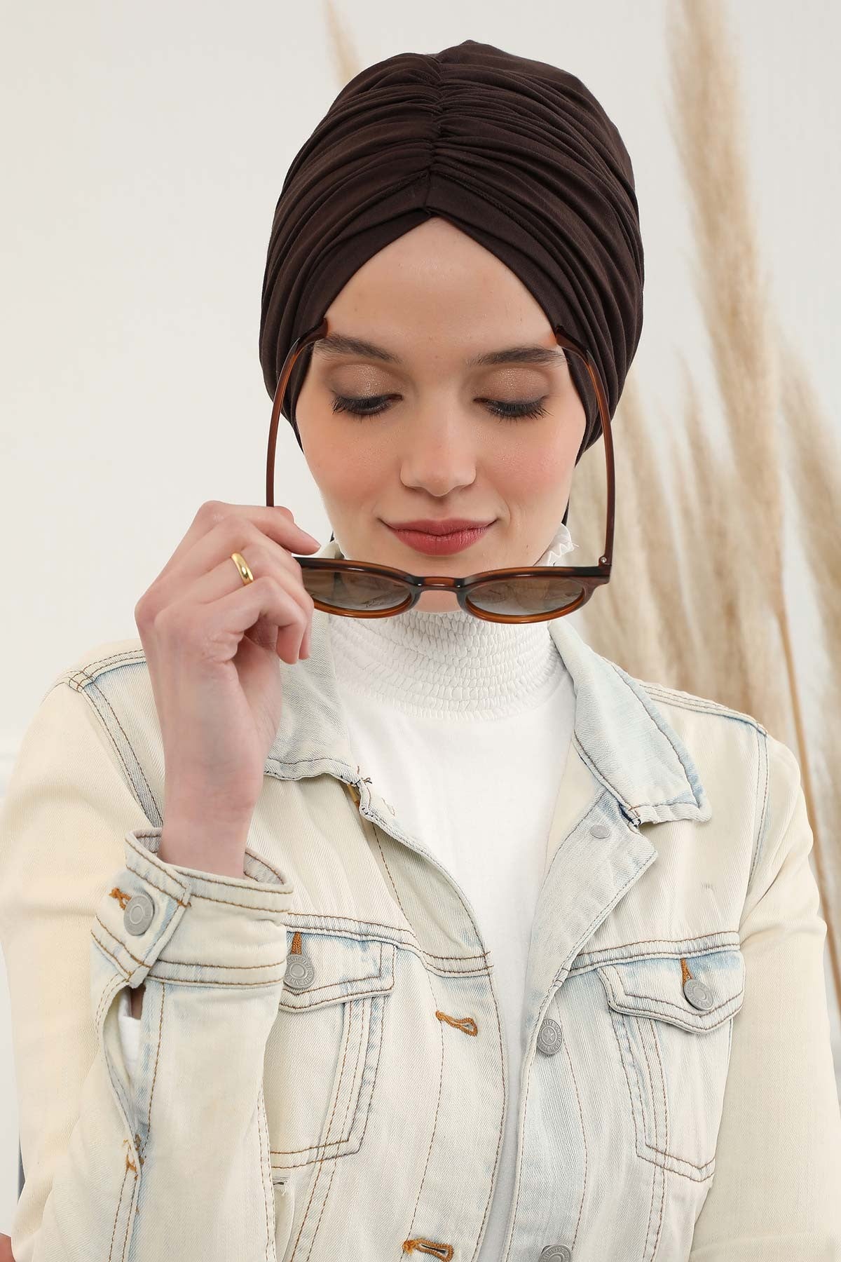 Smocked Shirred Instant Turban for Women, Cotton Lightweight Head Wrap with a Beautiful Design, Stylish Chemo Headwear Turban for Women,B-1 Brown