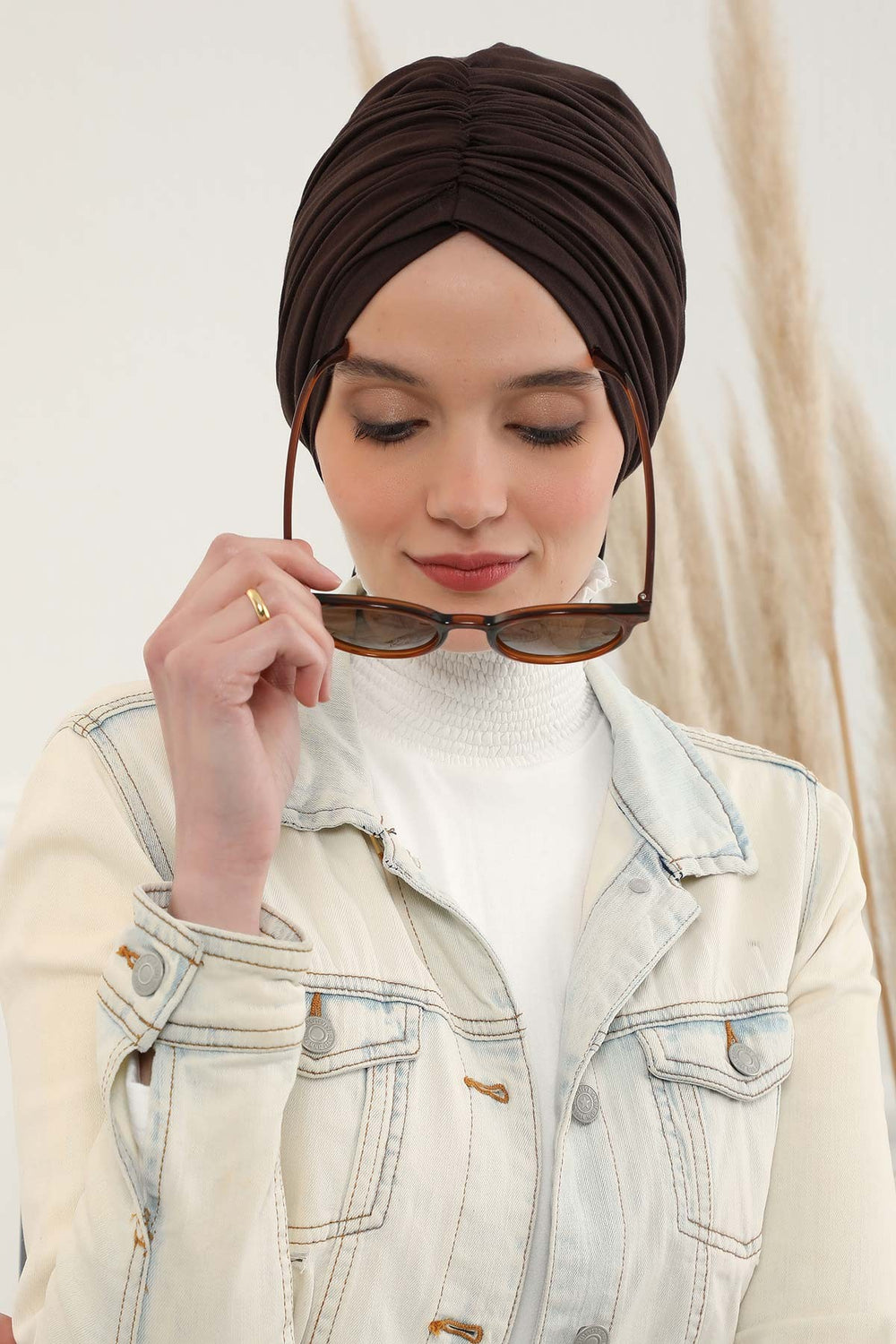 Smocked Shirred Instant Turban for Women, Cotton Lightweight Head Wrap with a Beautiful Design, Stylish Chemo Headwear Turban for Women,B-1 Brown