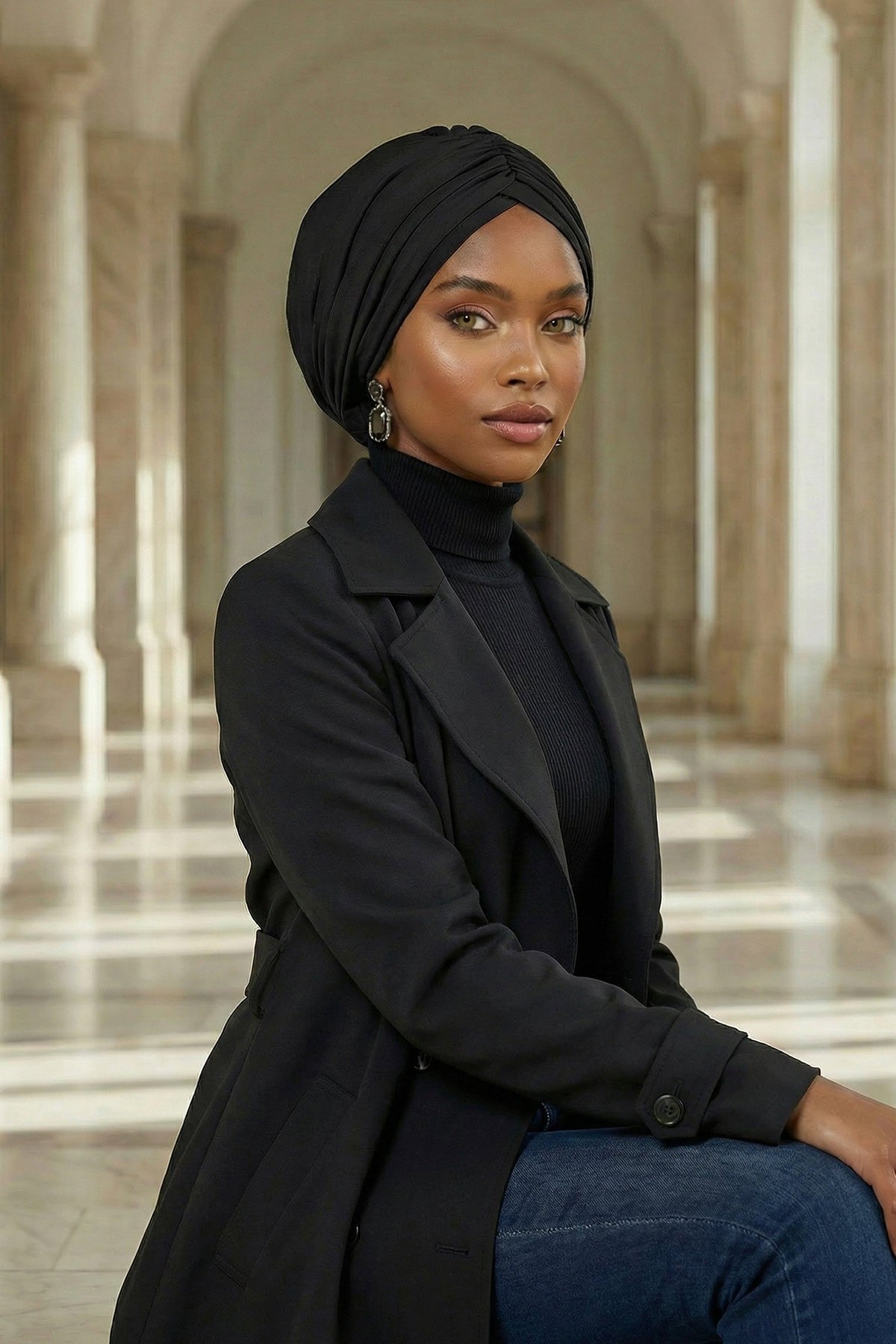 Smocked Shirred Instant Turban for Women, Cotton Lightweight Head Wrap with a Beautiful Design, Stylish Chemo Headwear Turban for Women,B-1 Black