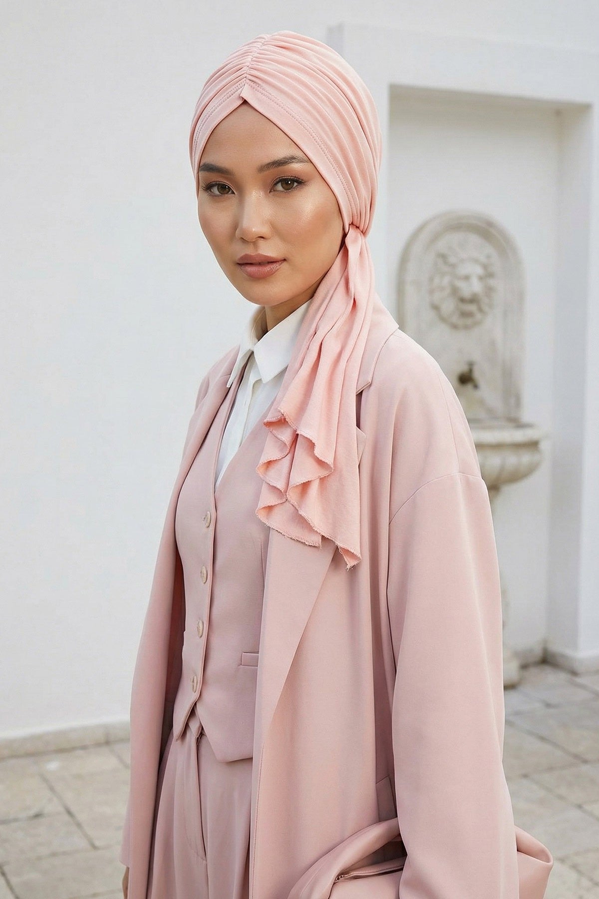 Smocked Shirred Instant Turban for Women, Cotton Lightweight Head Wrap with a Beautiful Design, Stylish Chemo Headwear Turban for Women,B-1 Powder