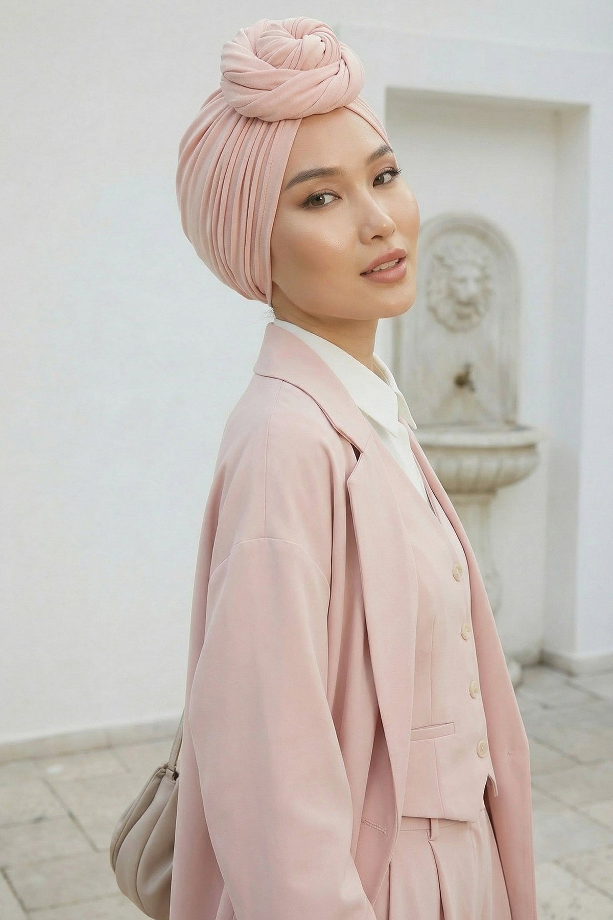 Smocked Shirred Instant Turban for Women, Cotton Lightweight Head Wrap with a Beautiful Design, Stylish Chemo Headwear Turban for Women,B-1 Powder