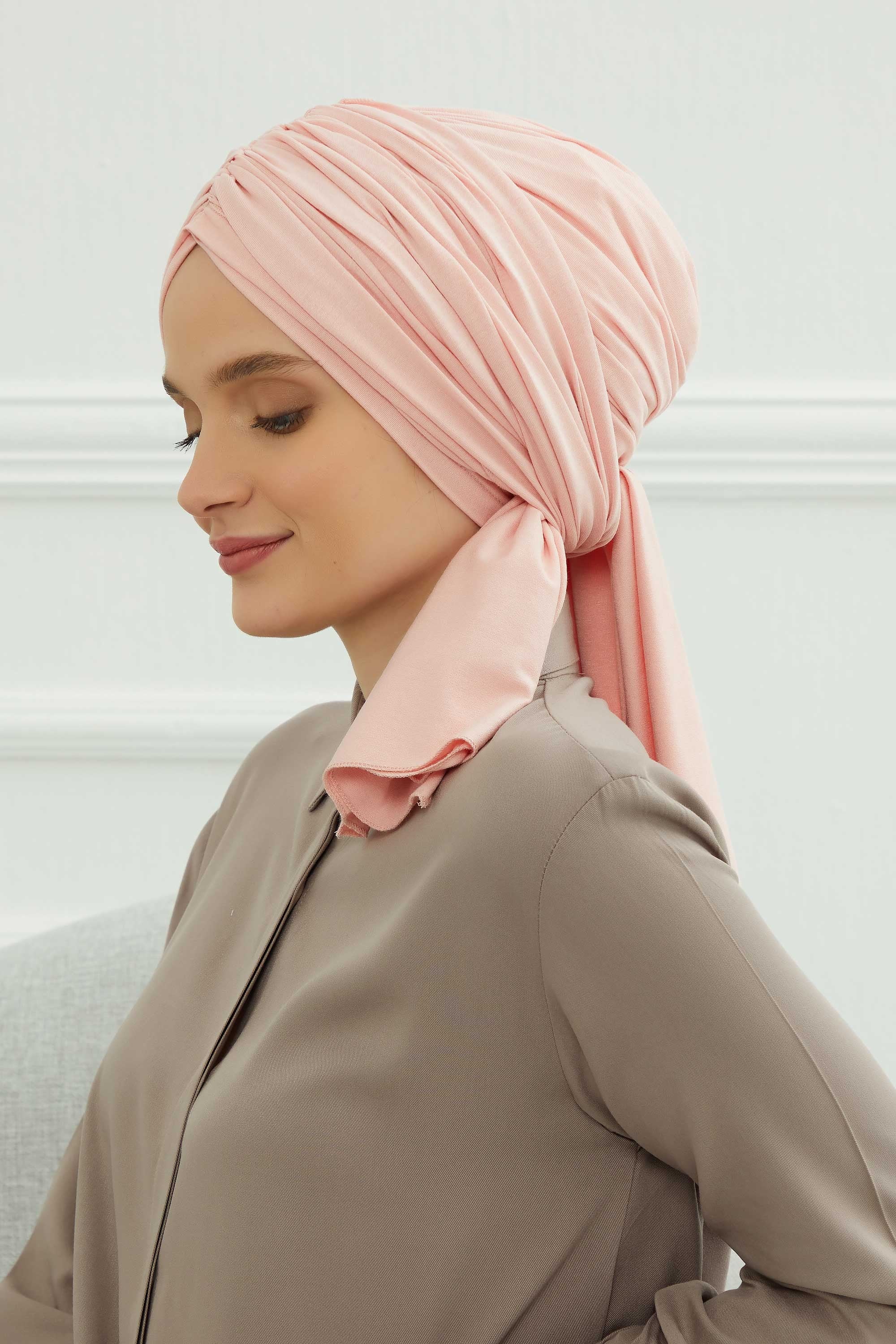 Smocked Shirred Instant Turban for Women, Cotton Lightweight Head Wrap with a Beautiful Design, Stylish Chemo Headwear Turban for Women,B-1 Powder