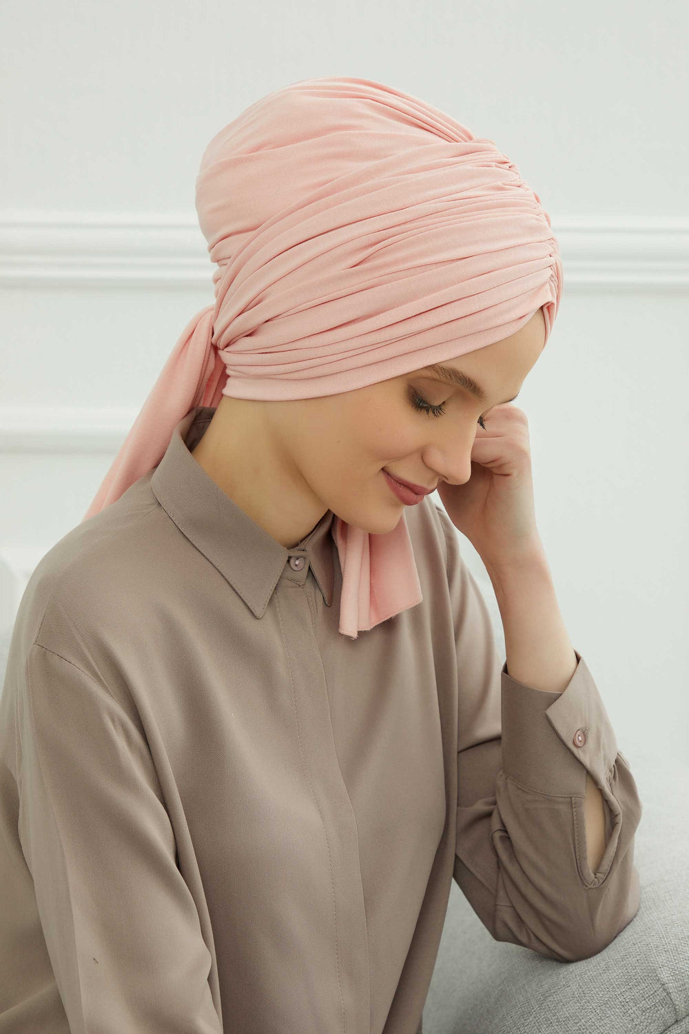 Smocked Shirred Instant Turban for Women, Cotton Lightweight Head Wrap with a Beautiful Design, Stylish Chemo Headwear Turban for Women,B-1 Powder