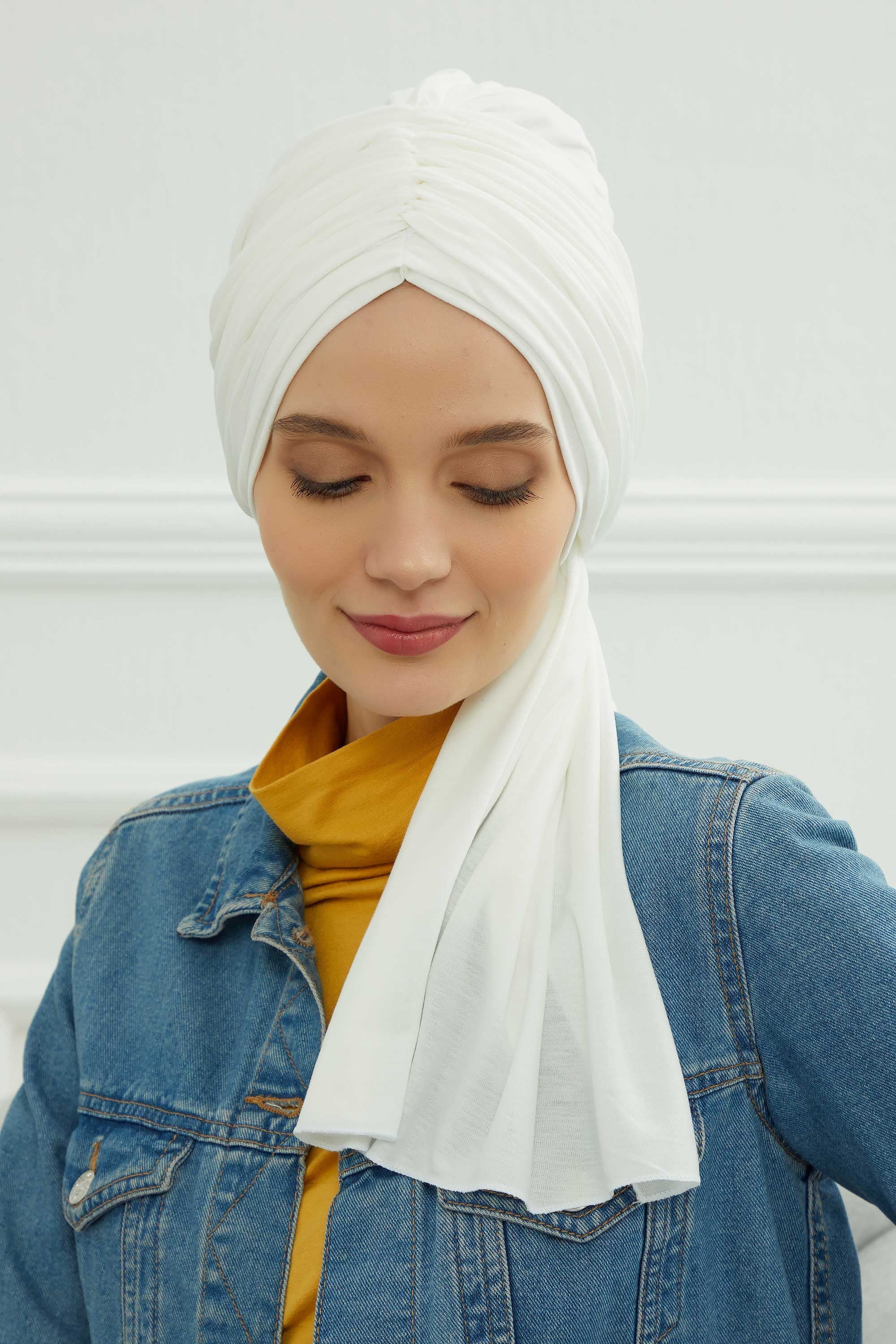 Smocked Shirred Instant Turban for Women, Cotton Lightweight Head Wrap with a Beautiful Design, Stylish Chemo Headwear Turban for Women,B-1 Ivory