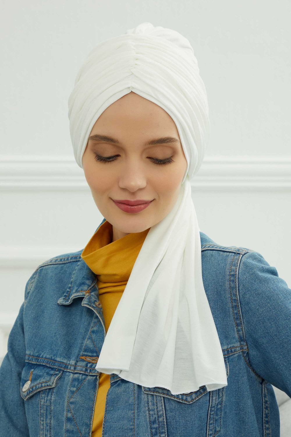 Smocked Shirred Instant Turban for Women, Cotton Lightweight Head Wrap with a Beautiful Design, Stylish Chemo Headwear Turban for Women,B-1 Ivory
