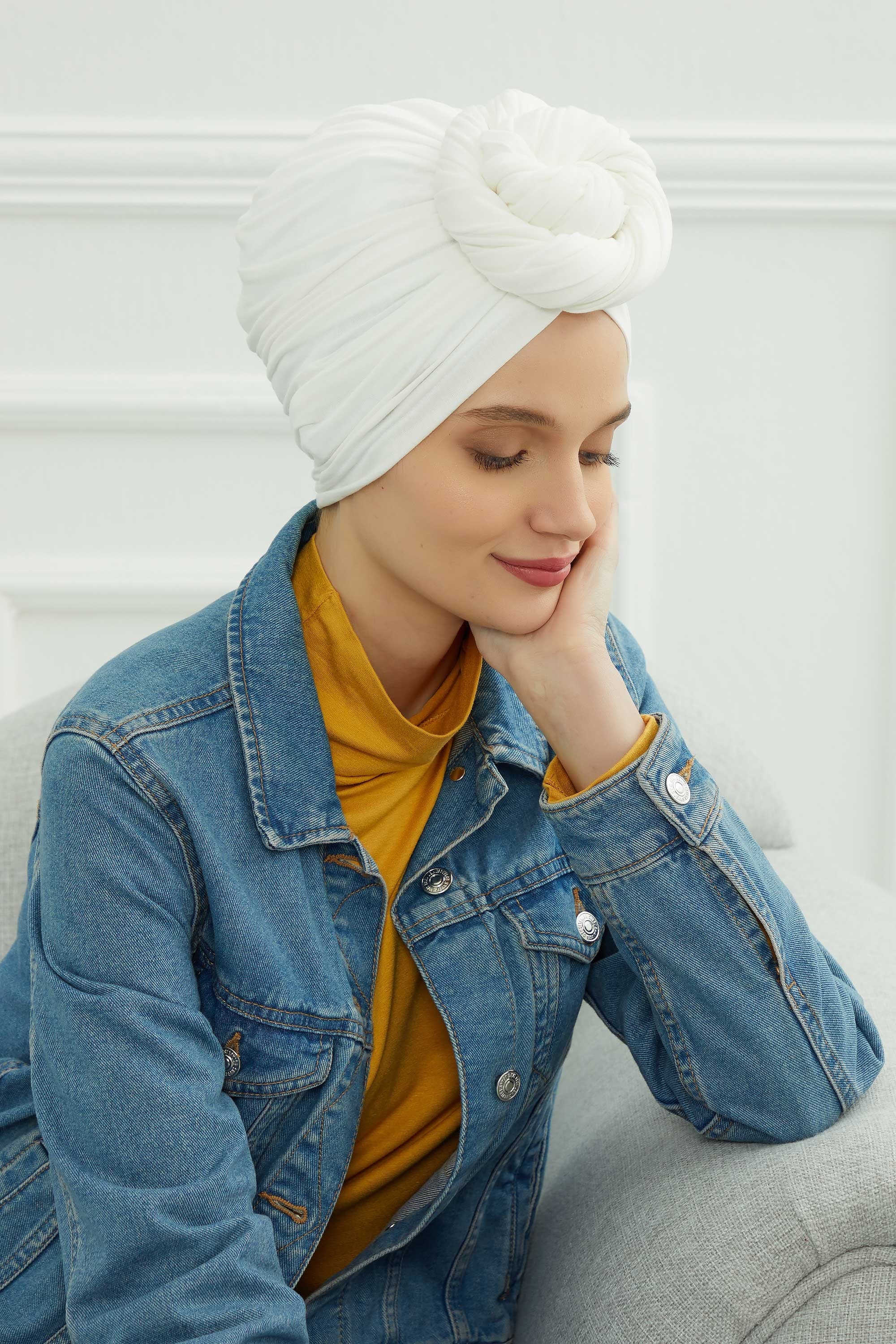Smocked Shirred Instant Turban for Women, Cotton Lightweight Head Wrap with a Beautiful Design, Stylish Chemo Headwear Turban for Women,B-1 Ivory