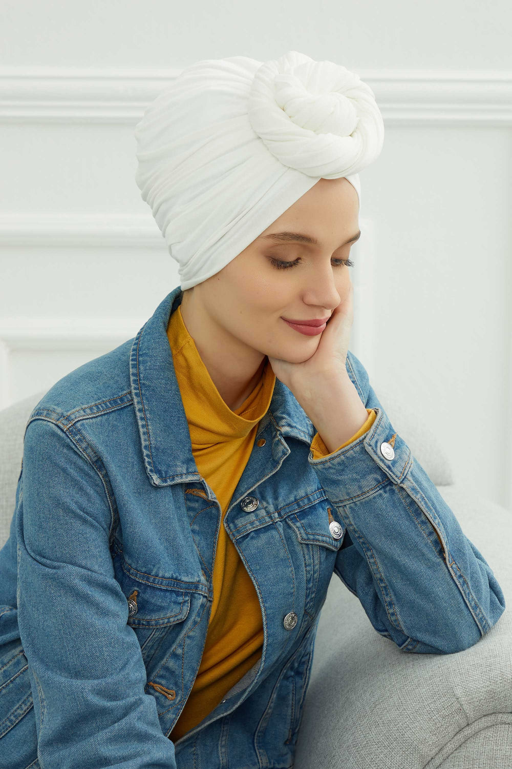 Smocked Shirred Instant Turban for Women, Cotton Lightweight Head Wrap with a Beautiful Design, Stylish Chemo Headwear Turban for Women,B-1 Ivory