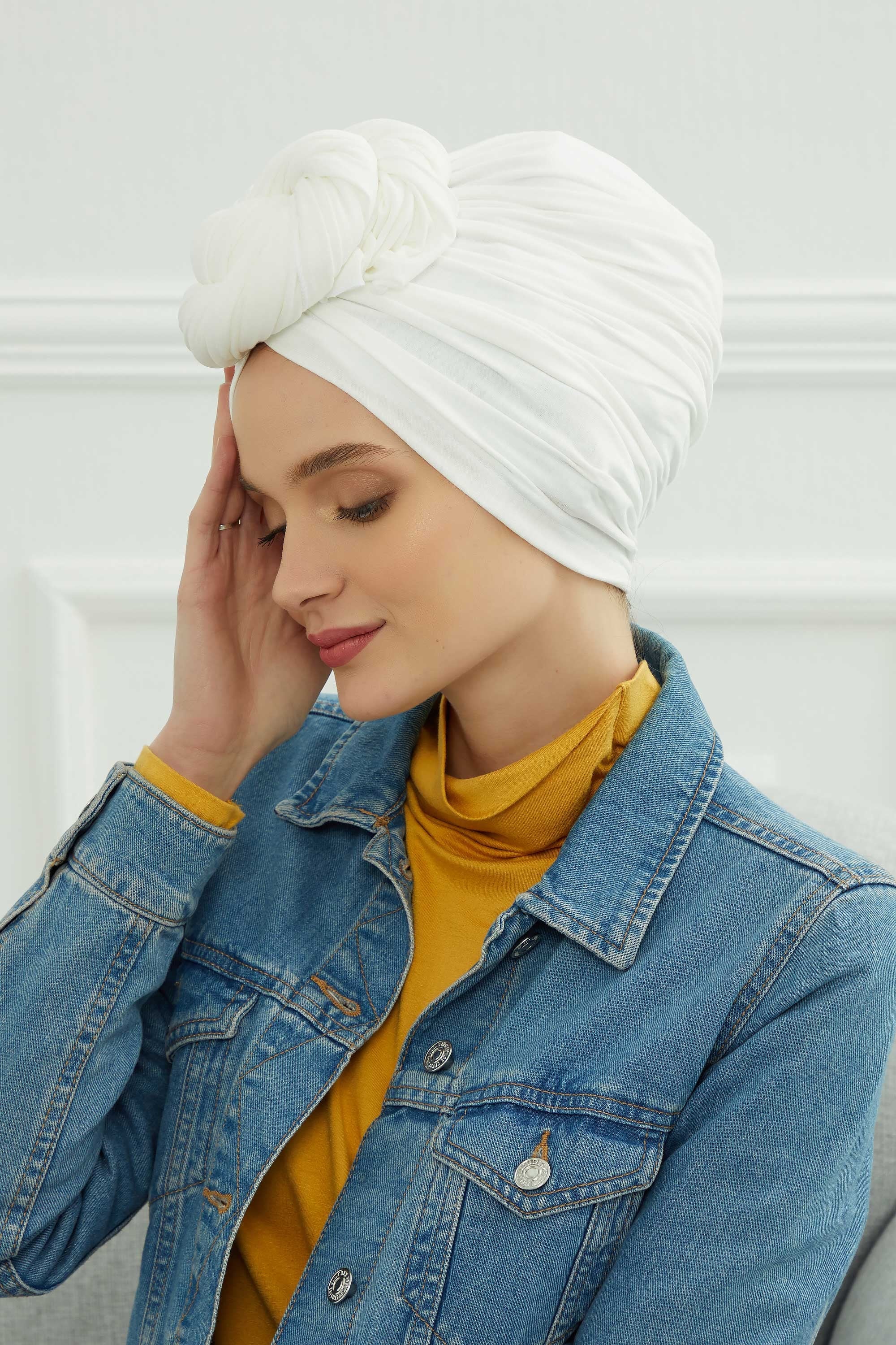 Smocked Shirred Instant Turban for Women, Cotton Lightweight Head Wrap with a Beautiful Design, Stylish Chemo Headwear Turban for Women,B-1 Ivory