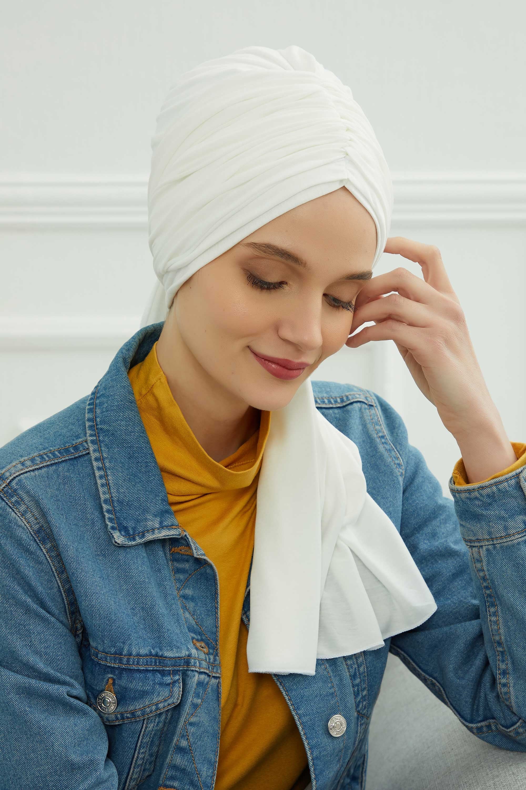 Smocked Shirred Instant Turban for Women, Cotton Lightweight Head Wrap with a Beautiful Design, Stylish Chemo Headwear Turban for Women,B-1 Ivory