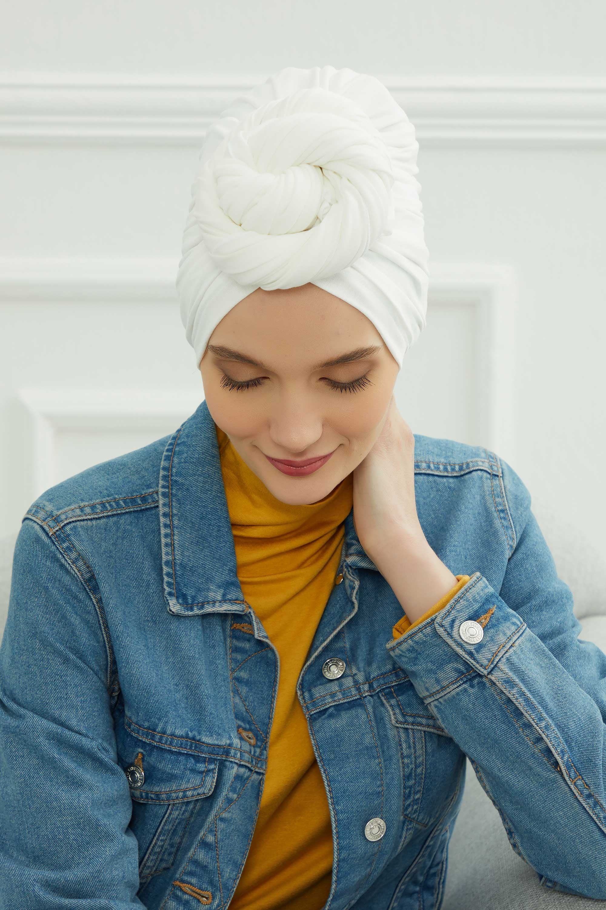 Smocked Shirred Instant Turban for Women, Cotton Lightweight Head Wrap with a Beautiful Design, Stylish Chemo Headwear Turban for Women,B-1 Ivory