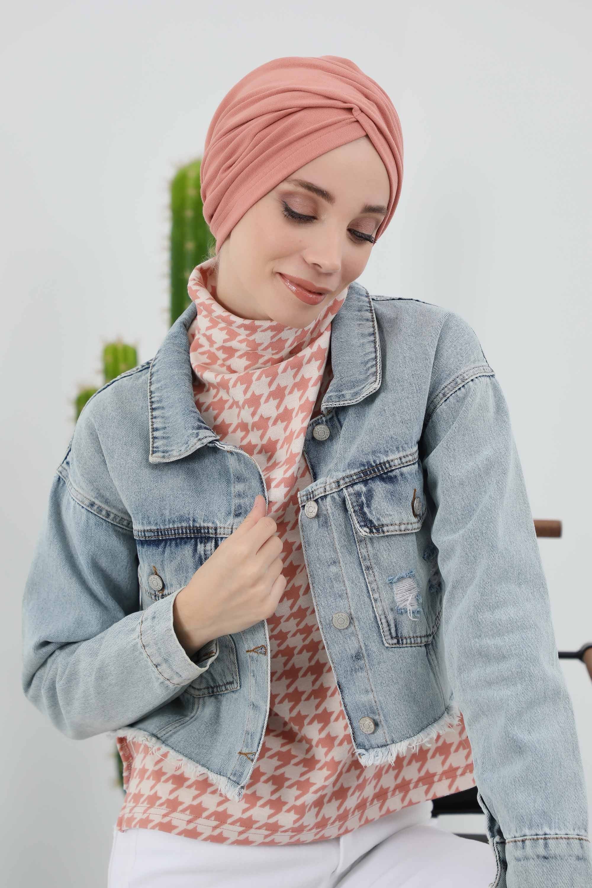 Soft and Stretchable Ribbed Turban Bonnet for Women, One-Size Winter Headwrap for Cold Weathers, Comfortable Polyviscose Ribbed Turban,B-9RB Salmon