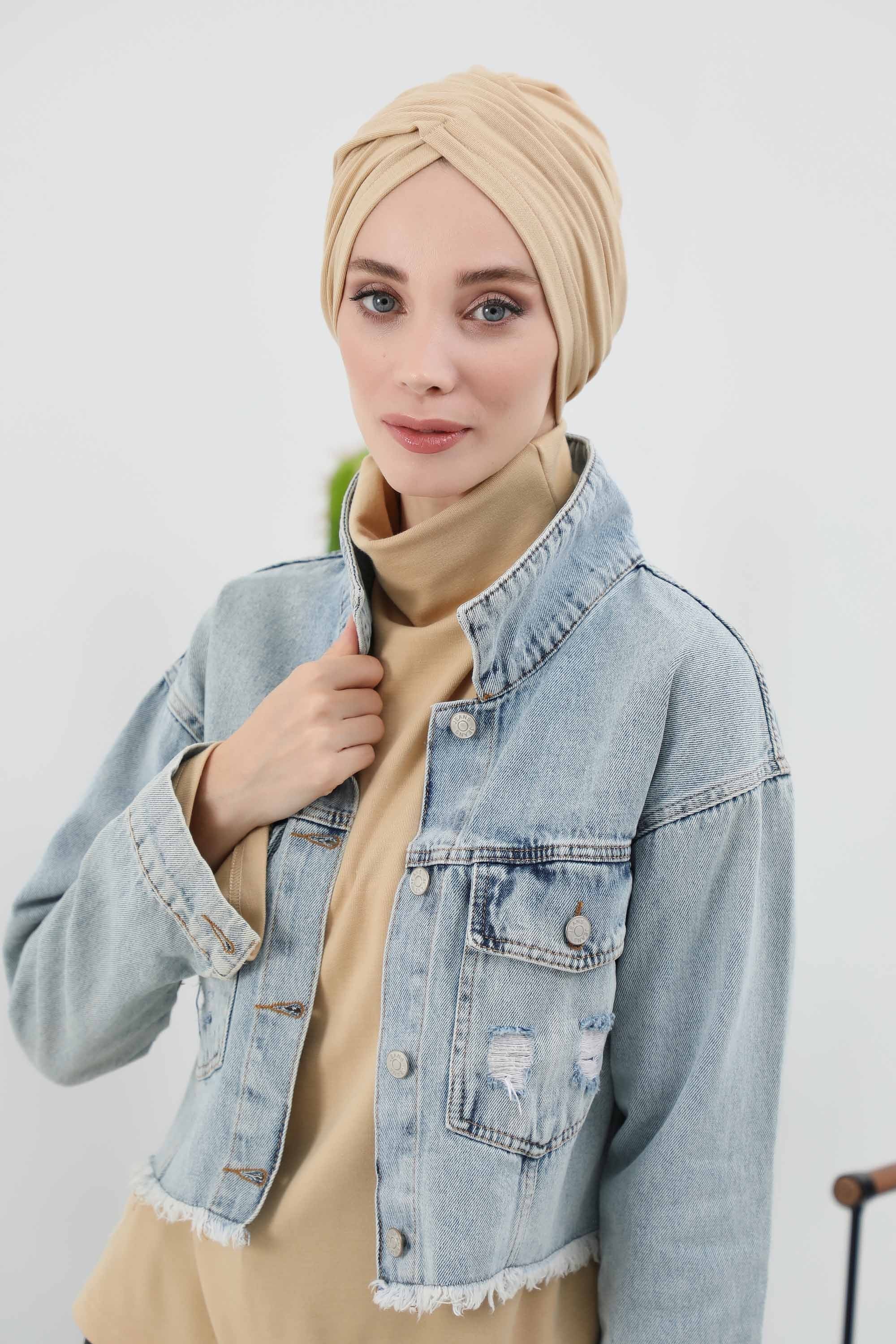 Soft and Stretchable Ribbed Turban Bonnet for Women, One-Size Winter Headwrap for Cold Weathers, Comfortable Polyviscose Ribbed Turban,B-9RB Beige