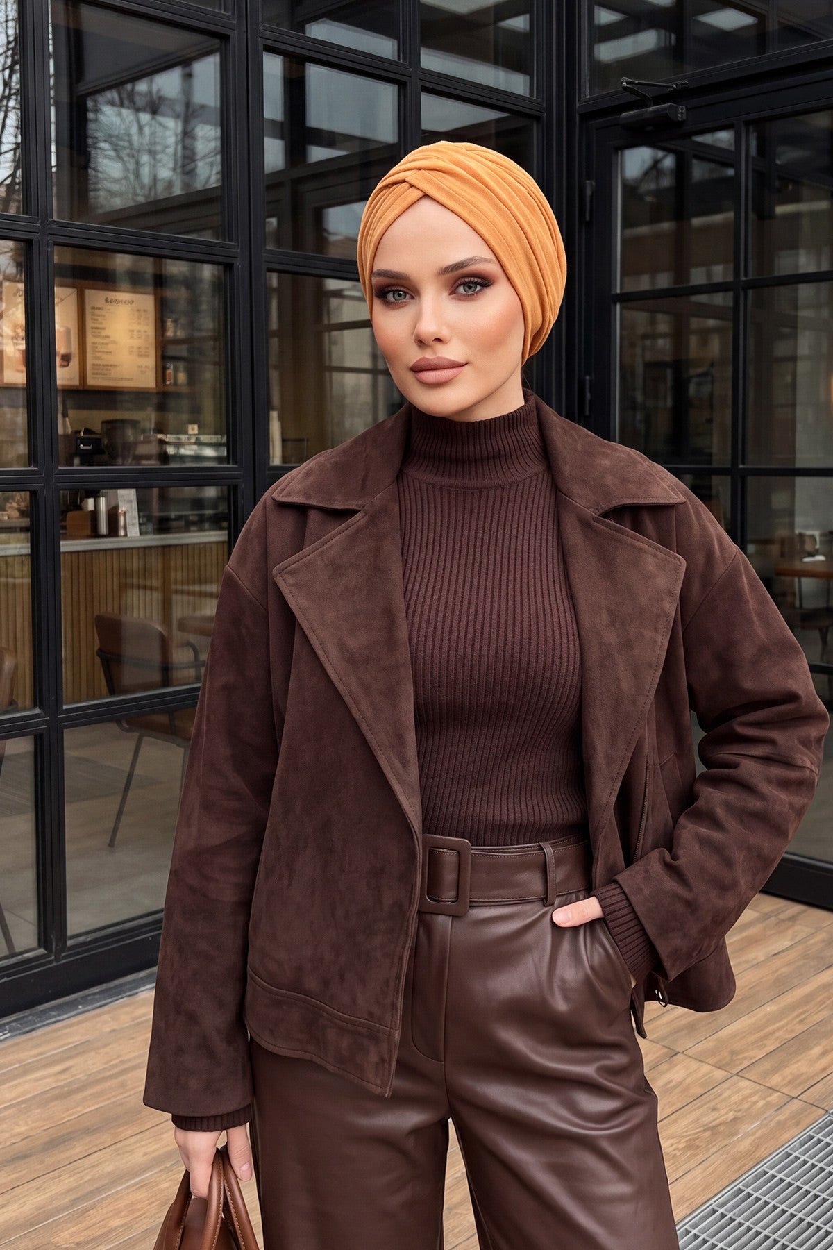 Soft and Stretchable Ribbed Turban Bonnet for Women, One-Size Winter Headwrap for Cold Weathers, Comfortable Polyviscose Ribbed Turban,B-9RB Orange