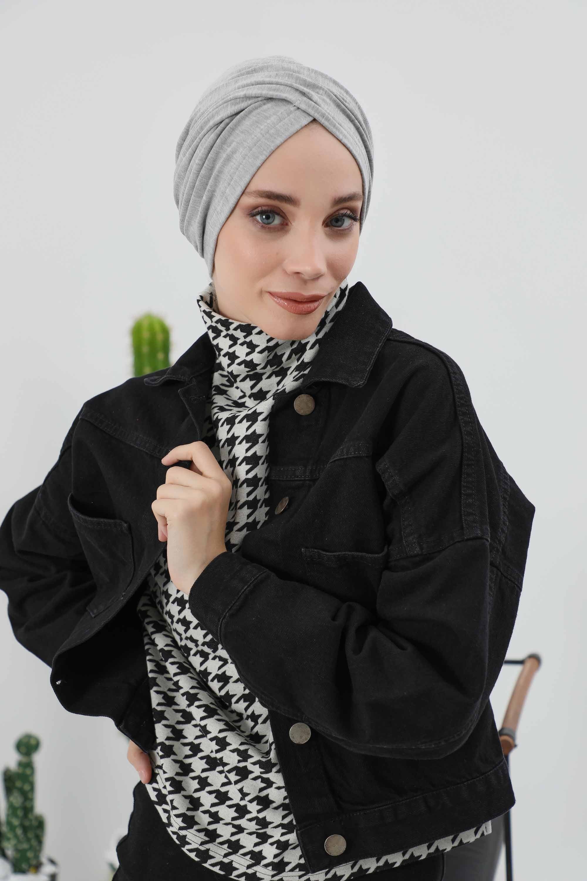 Soft and Stretchable Ribbed Turban Bonnet for Women, One-Size Winter Headwrap for Cold Weathers, Comfortable Polyviscose Ribbed Turban,B-9RB Gray Melange
