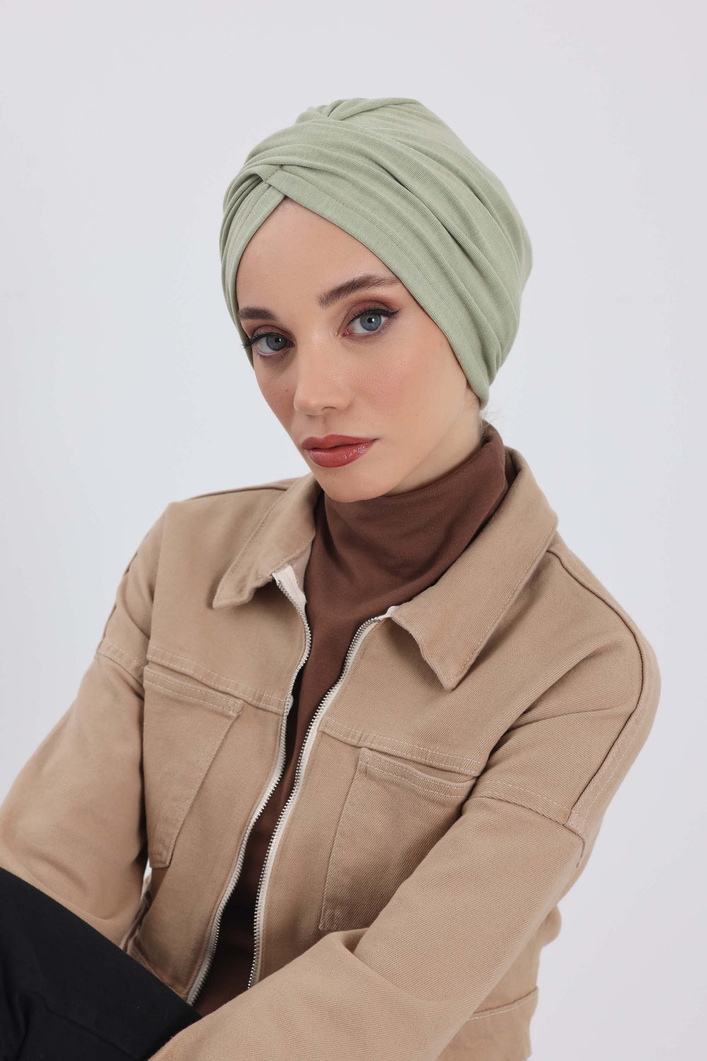 Soft and Stretchable Ribbed Turban Bonnet for Women, One-Size Winter Headwrap for Cold Weathers, Comfortable Polyviscose Ribbed Turban,B-9RB Almond Green