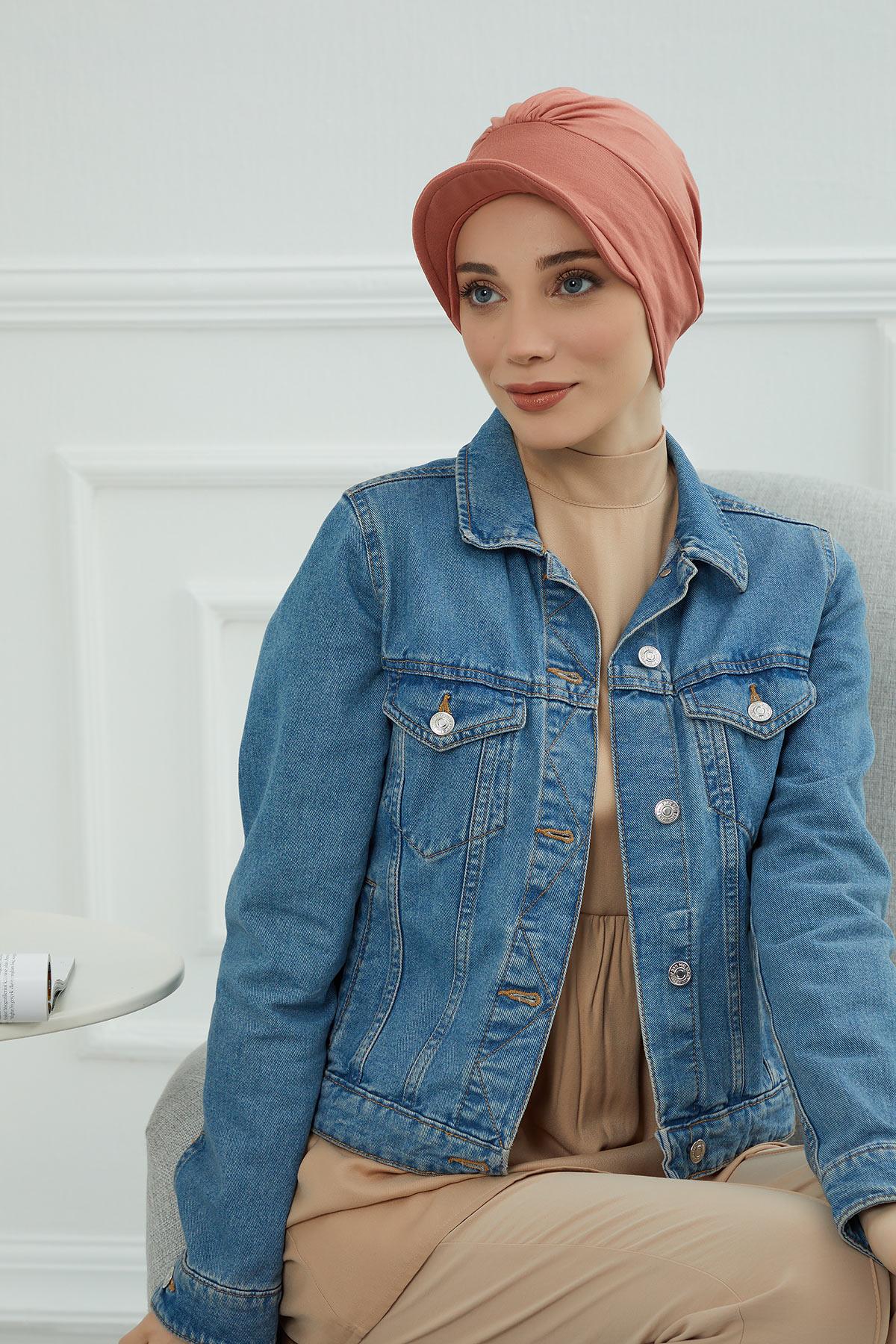 Soft Cotton Newsboy Visor Cap for Women, Stylish Lightweight Plain Turban Visor Cap for Daily Use, Fashionable Turban Chemo Headwrap,B-30 Salmon