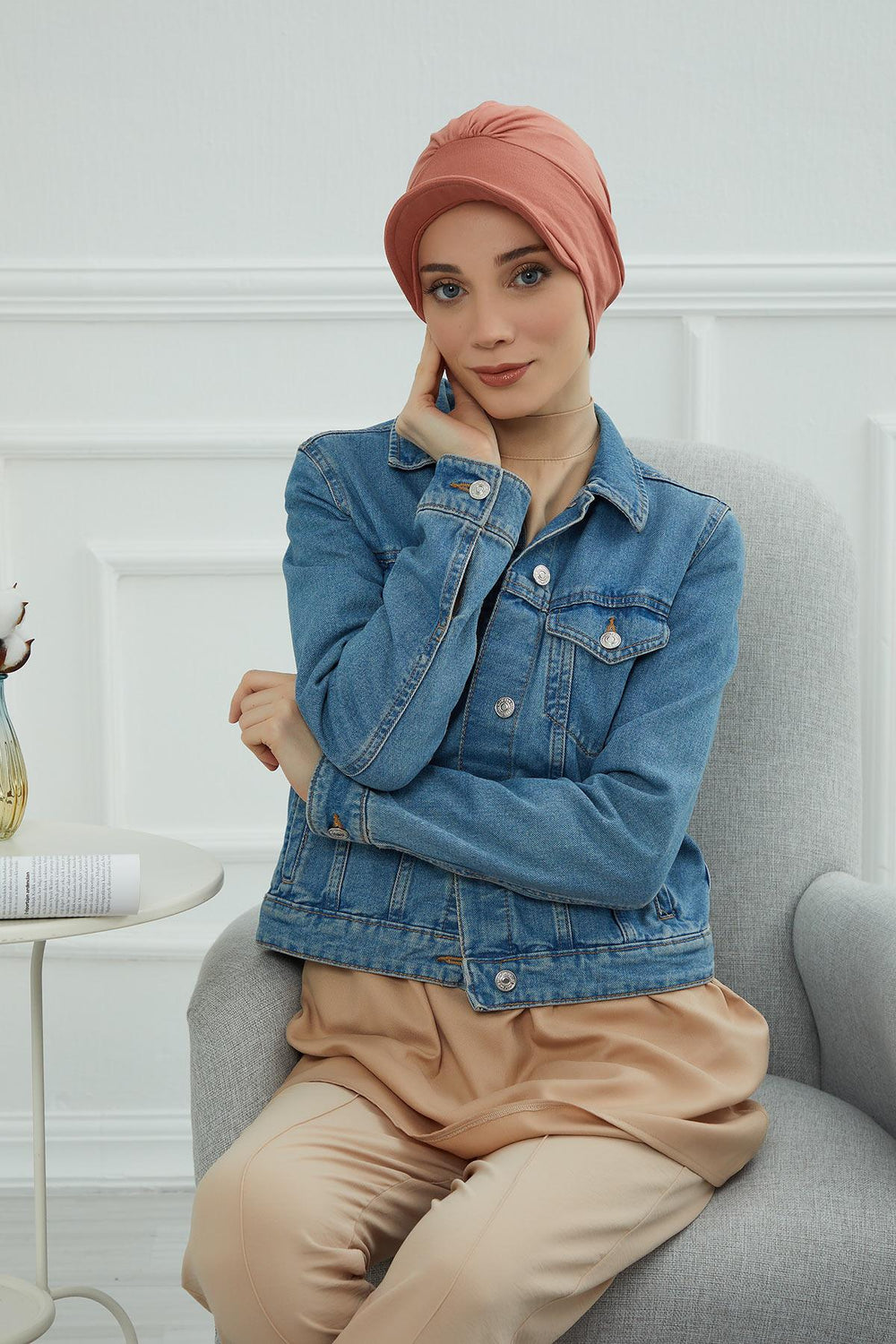 Soft Cotton Newsboy Visor Cap for Women, Stylish Lightweight Plain Turban Visor Cap for Daily Use, Fashionable Turban Chemo Headwrap,B-30 Salmon