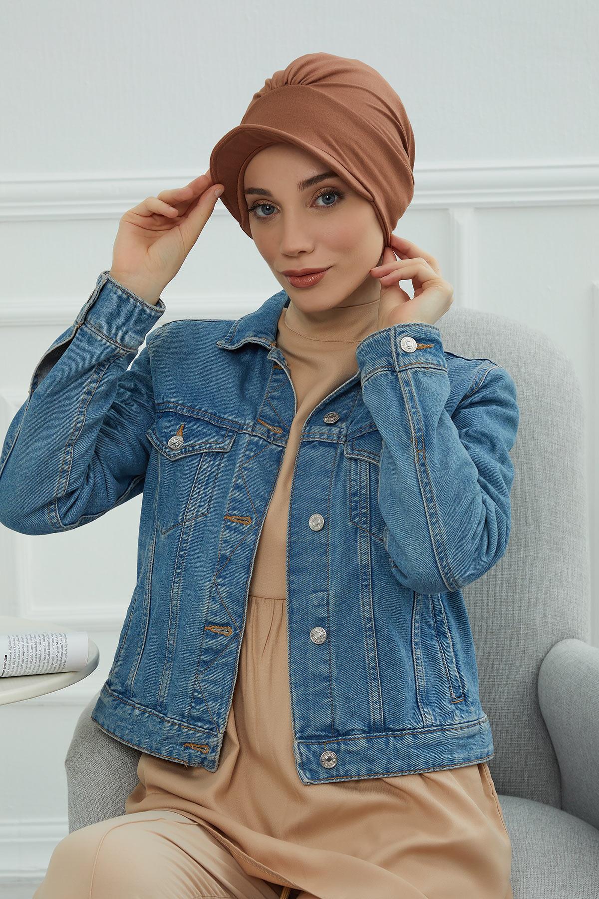 Soft Cotton Newsboy Visor Cap for Women, Stylish Lightweight Plain Turban Visor Cap for Daily Use, Fashionable Turban Chemo Headwrap,B-30 Caramel Brown
