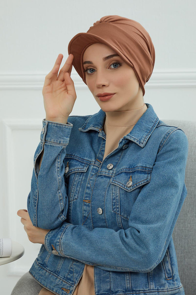 Soft Cotton Newsboy Visor Cap for Women, Stylish Lightweight Plain Turban Visor Cap for Daily Use, Fashionable Turban Chemo Headwrap,B-30 Caramel Brown