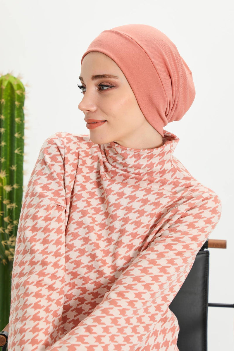 Soft Polyviscose Inner Turban Bonnet for Women, Easy Wear Instant Turban Bonnet, Soft Plain Color Ribbed Winter Chemo Headwear,B-37RB